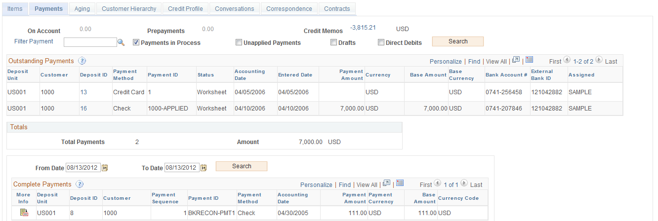 Payments tab on the Collections Workbench page (1 of 2)