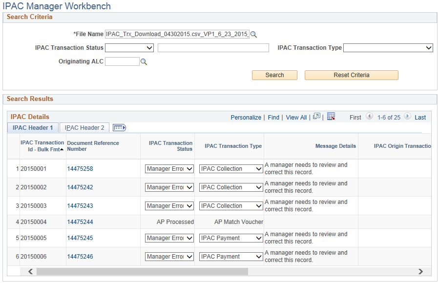Search Results on the IPAC Manager Workbench page