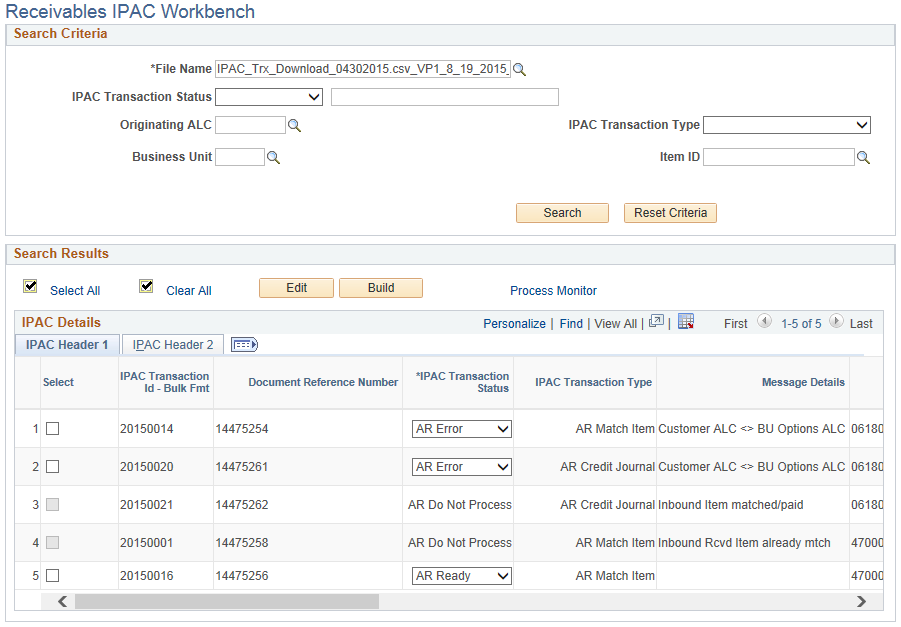 Search Results on the Receivables IPAC Workbench page