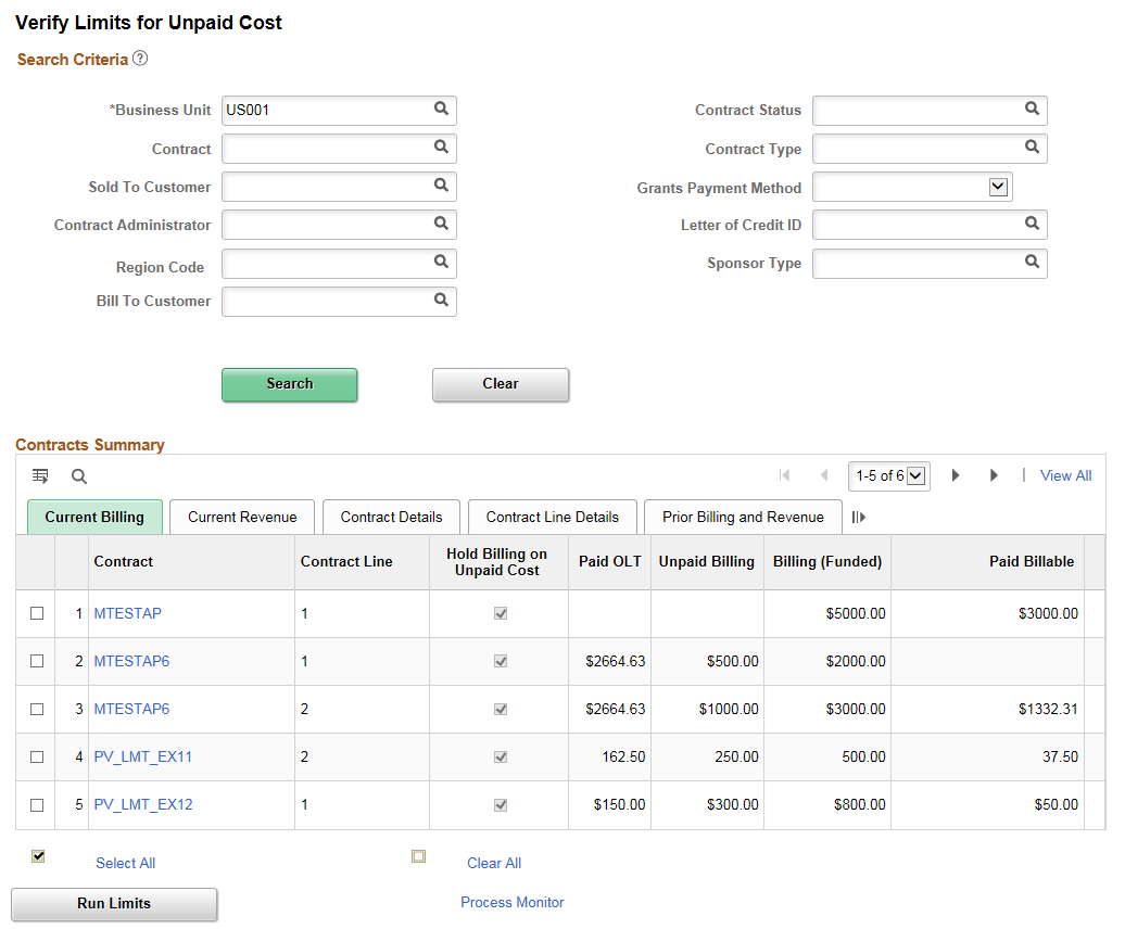 Verify Limits for Unpaid Cost Page