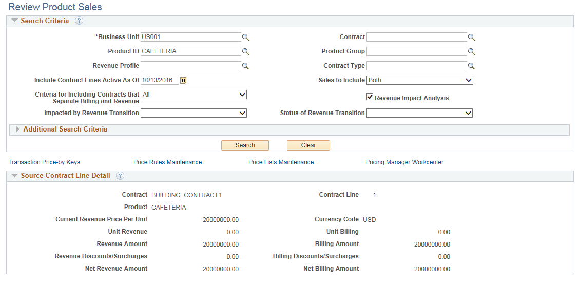 Review Product Sales page From Actions Menu on an Amount Based line
