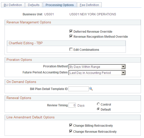 Contracts Definition - Processing Options page