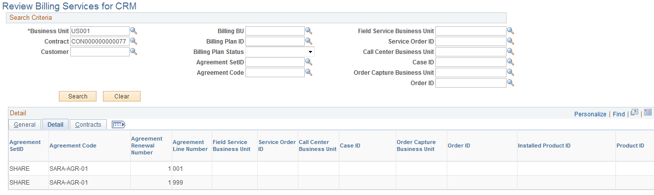 Review Billing Services for CRM page: Detail tab