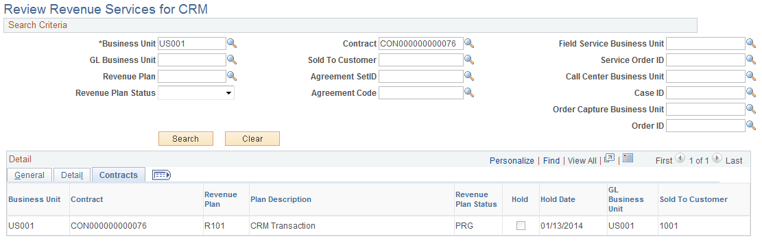 Review Revenue Services for CRM page: Contract tab
