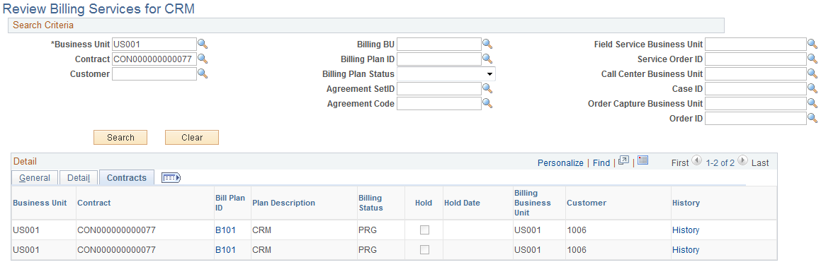Review Billing Services for CRM page: Contract tab