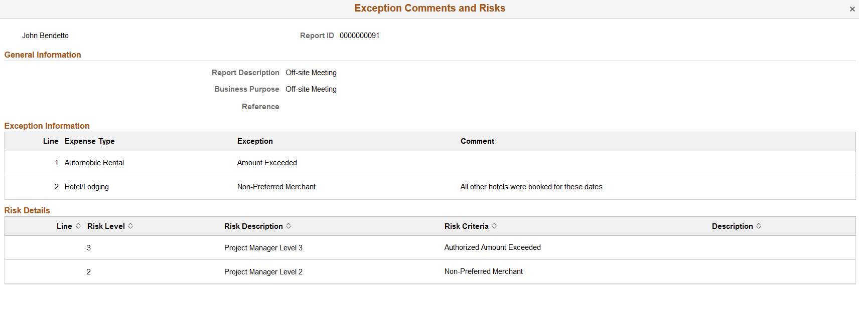 Exception Comments and Risks page