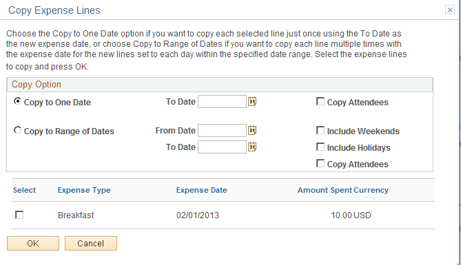 Copy Expense Lines page