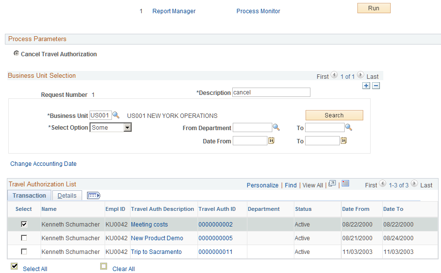 Cancel Travel Authorizations - Run Control page