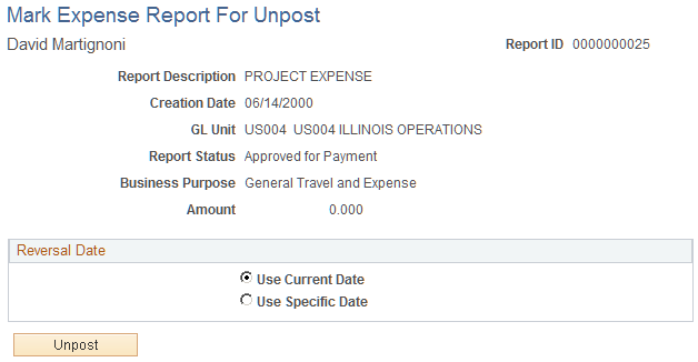 Mark Expense Report For Unpost page