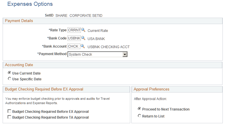 Expenses Options page