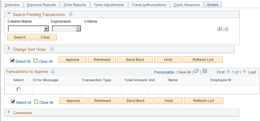 Approve Transactions - Errors page