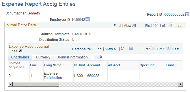 Expense Report Acctg Entries page (partial)