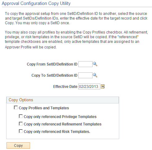 Approval Configuration Copy Utility page