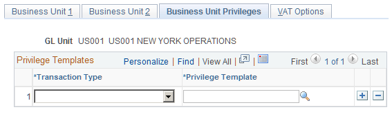 Business Unit Privileges page