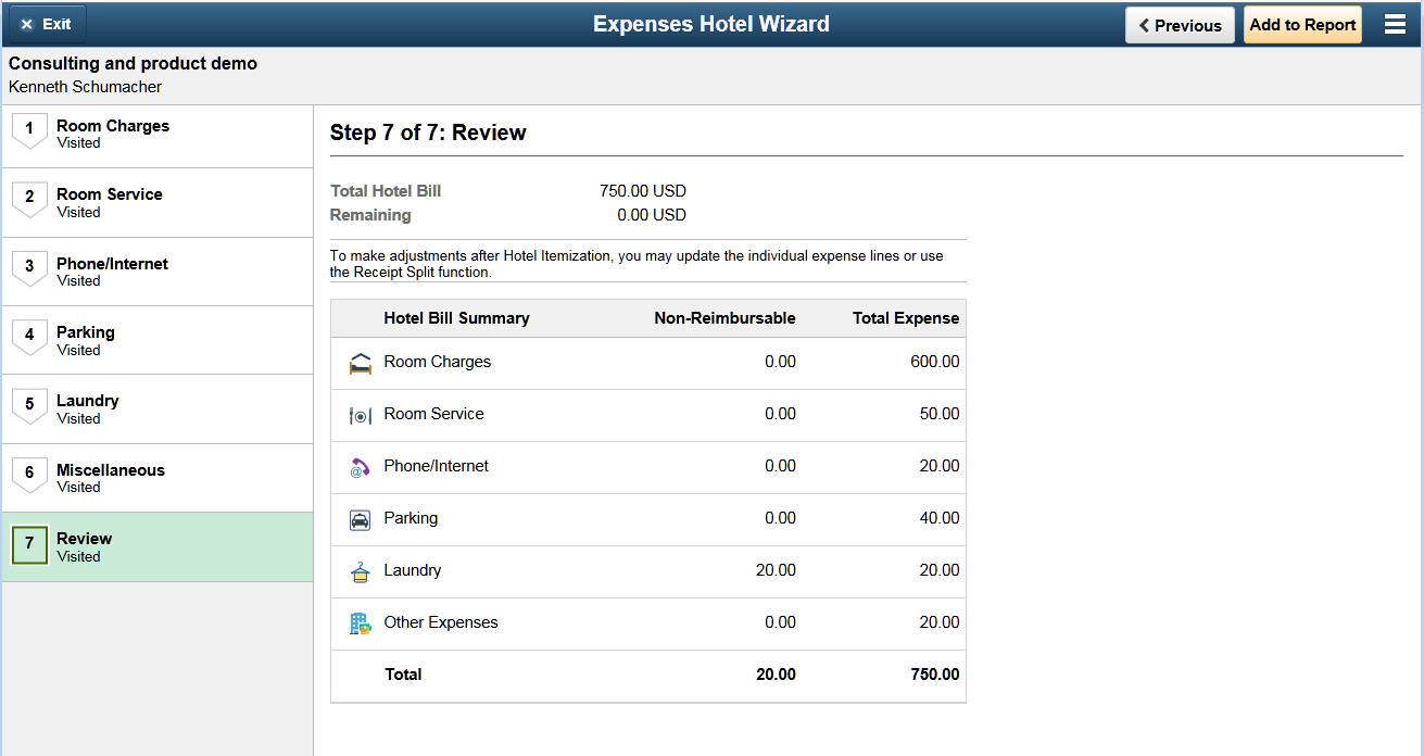 Expenses Hotel Wizard page as displayed on a tablet