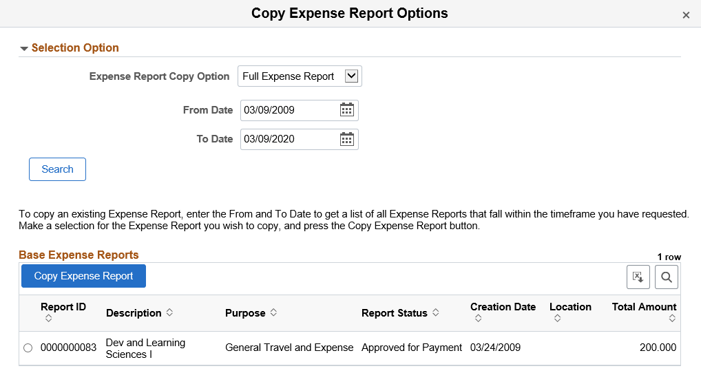 Copy Expense Report Options page