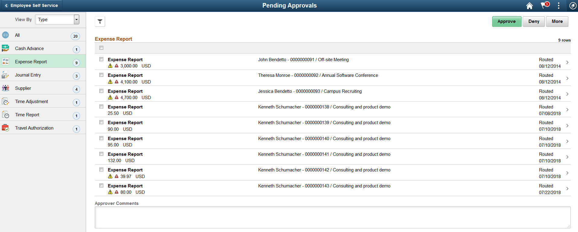 Pending Approvals - Expense Report list page