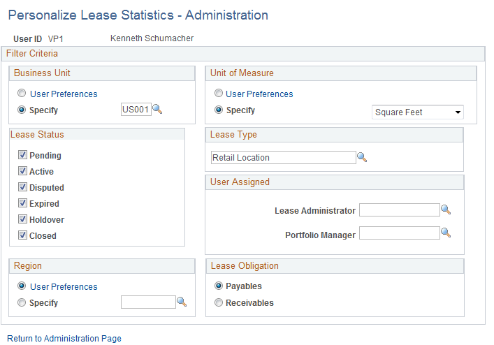 Personalize Lease Statistics - Administration page