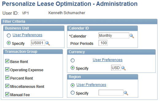 Personalize Lease Optimization - Administration page