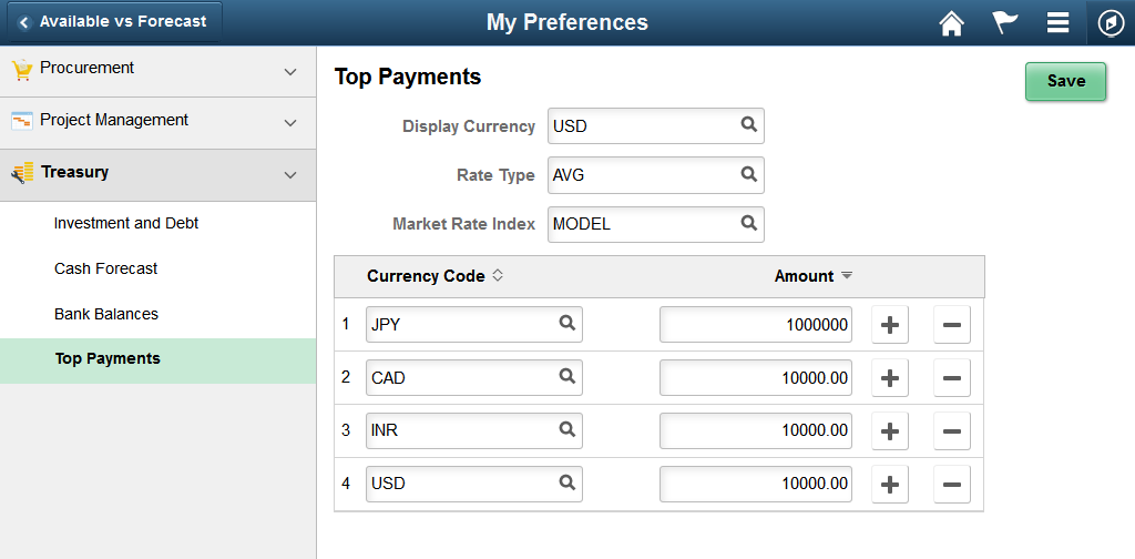 My Preferences - Top Payments page