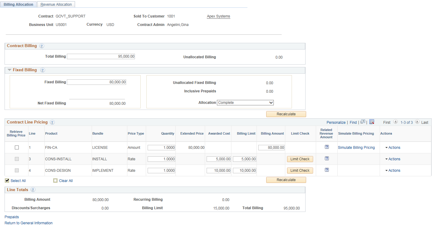 Billing Allocation page
