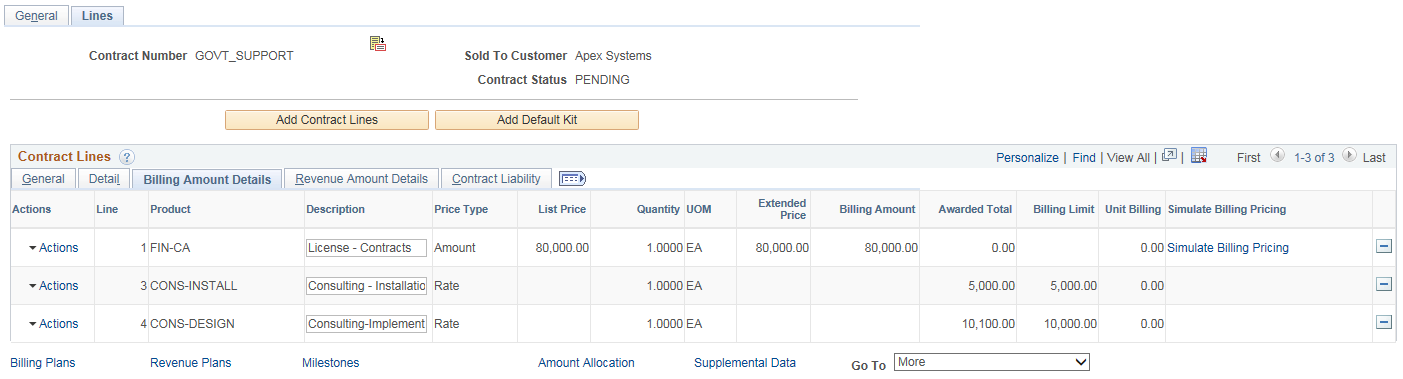 Contract Lines page - Billing Amount Details page