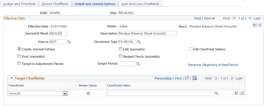 Revaluation Step - Output and Journal Options page