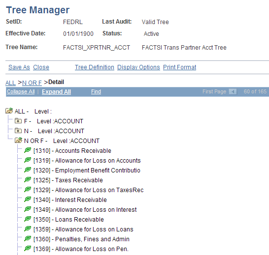 FACTS I Transaction Partner/Acct Tree Manager page
