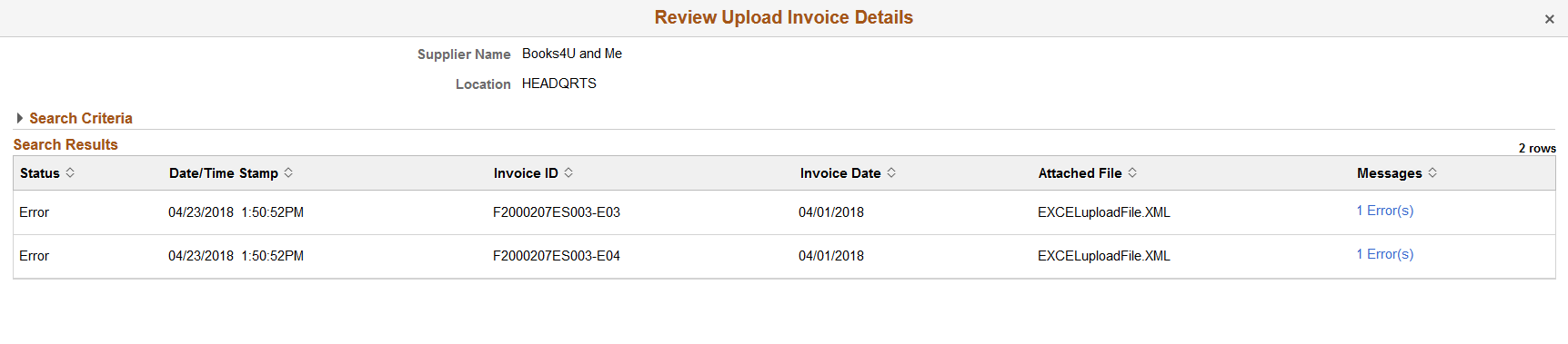 Review Upload Invoice Details page