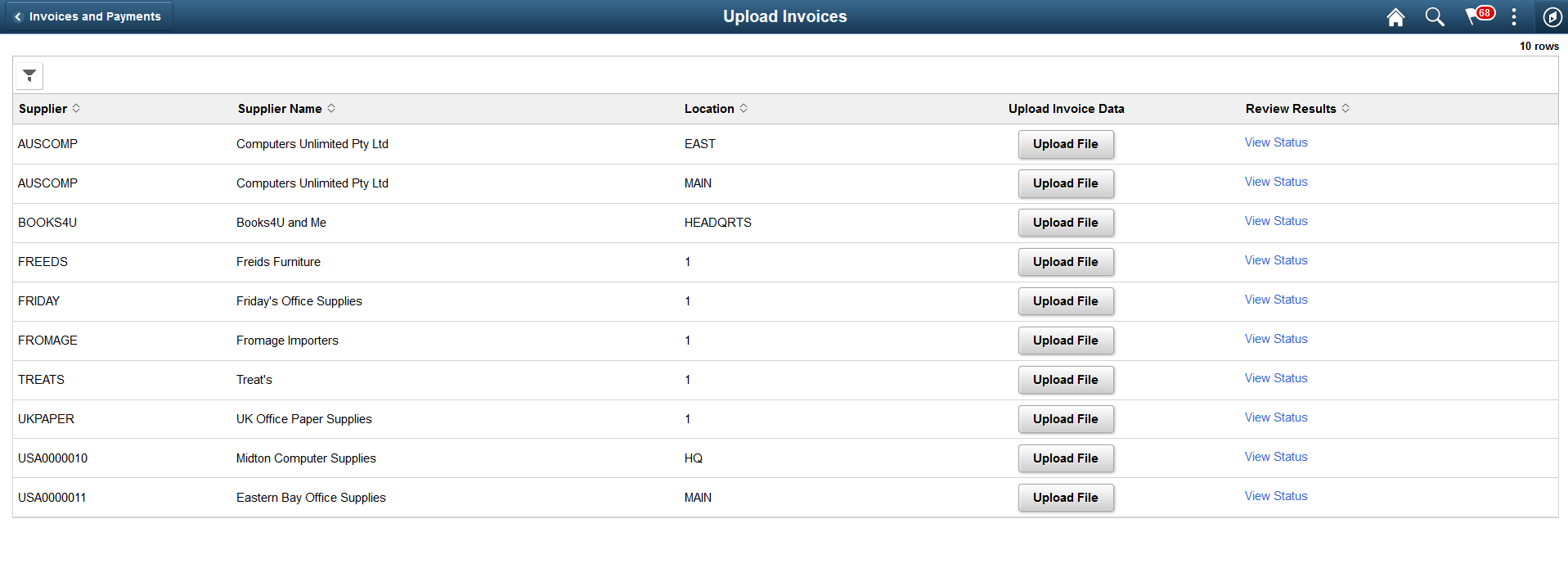 Upload Invoices page