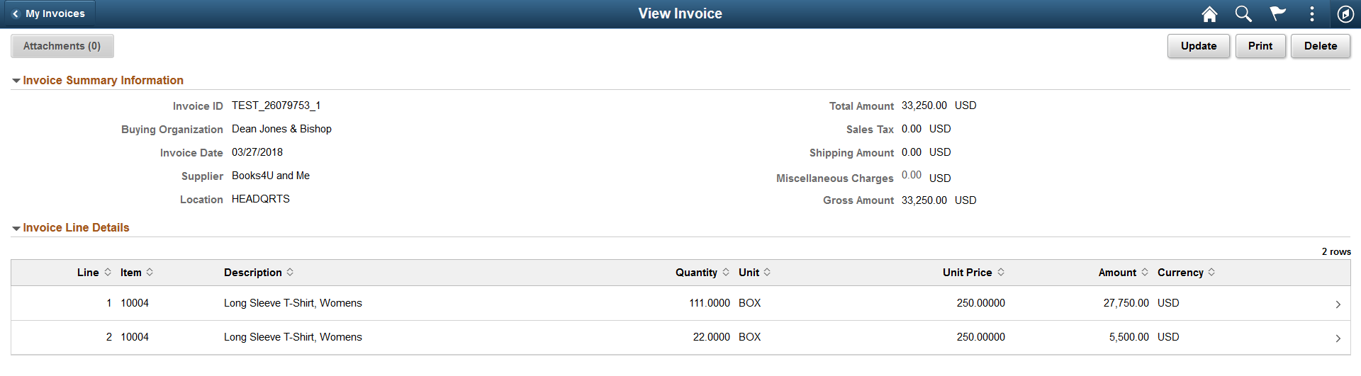 Self Service Invoice - Delete Invoice page as displayed on a Desktop
