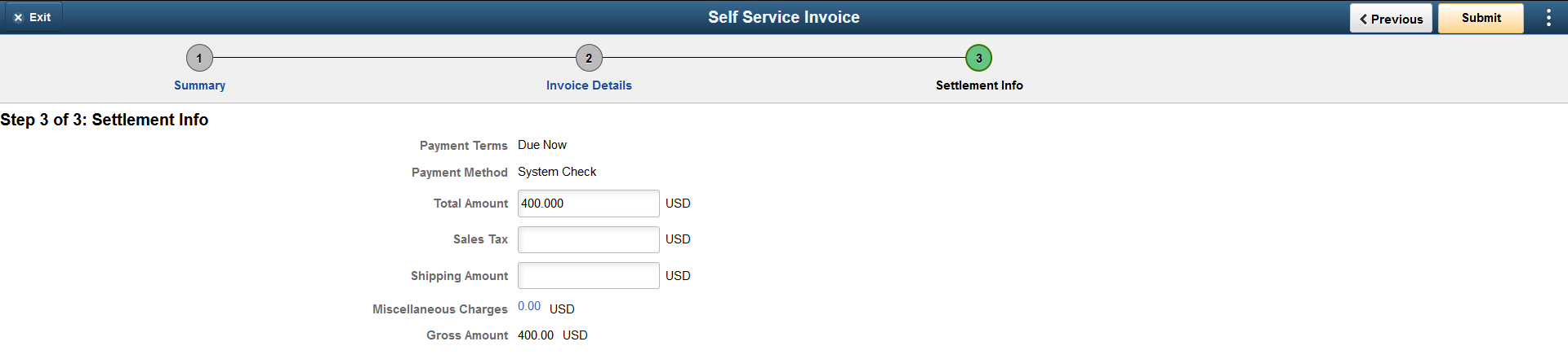 Self Service Invoice - Create Invoice page as displayed on a Desktop ( 3 of 3)