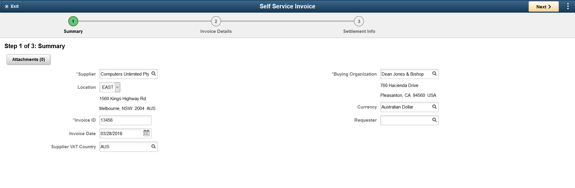 Self Service Invoice-Create Invoice page as displayed on a Desktop ( 1 of 3)