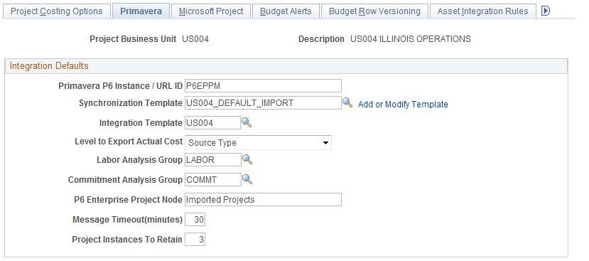 Project Costing Options - Primavera page