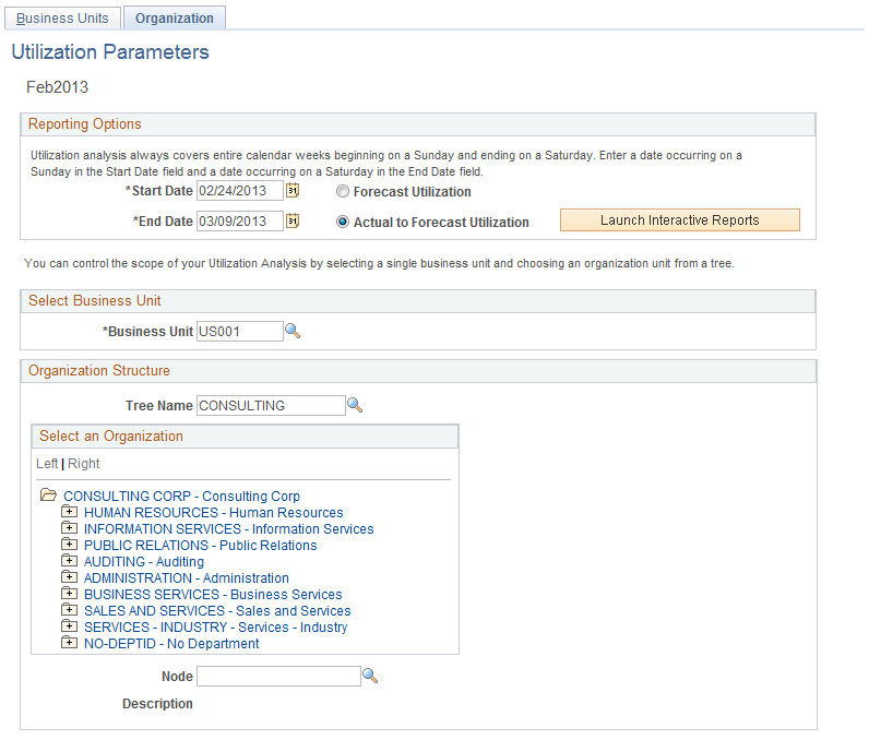 Utilization Parameters - Organization Units page