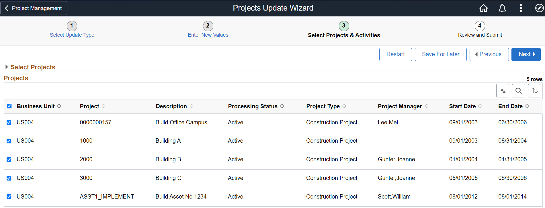 Project Update Wizard - Select Projects Activities page