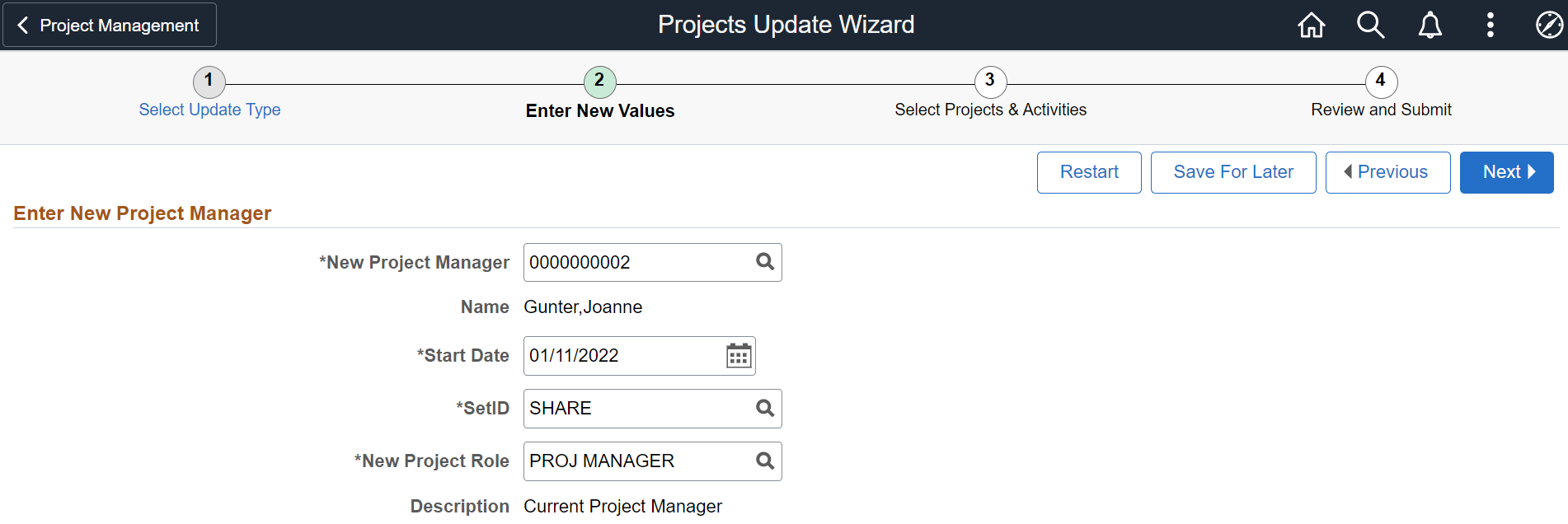 Project Update Wizard - Enter New Values