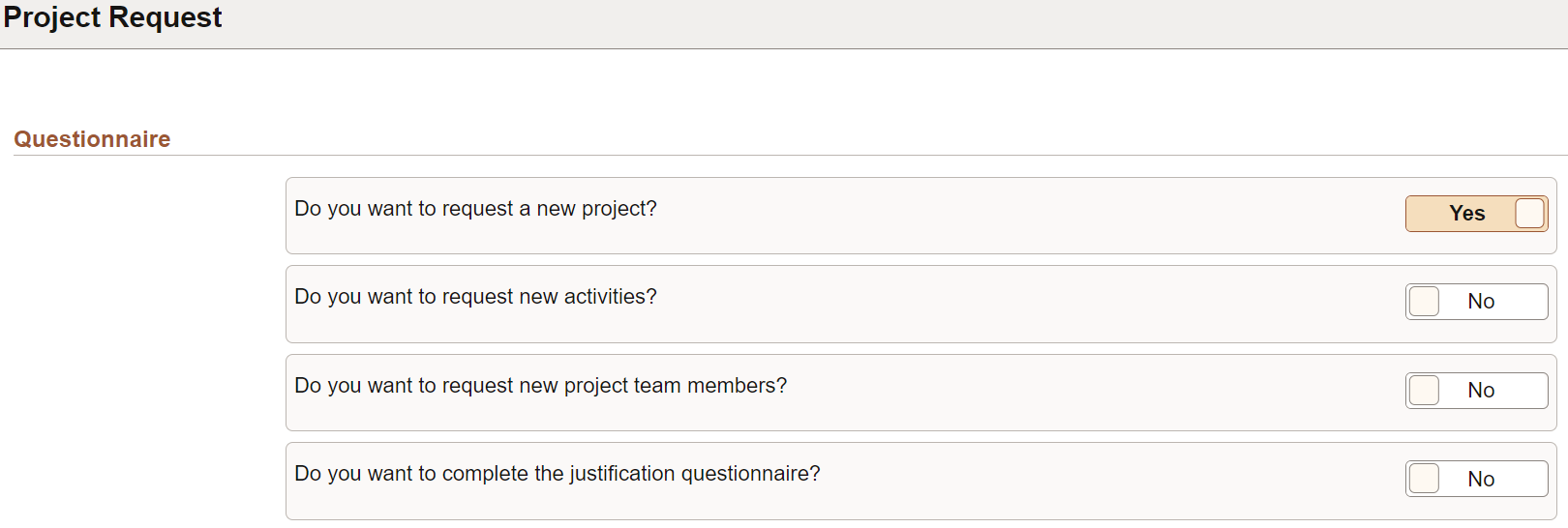 Project Request Questionnaire Page