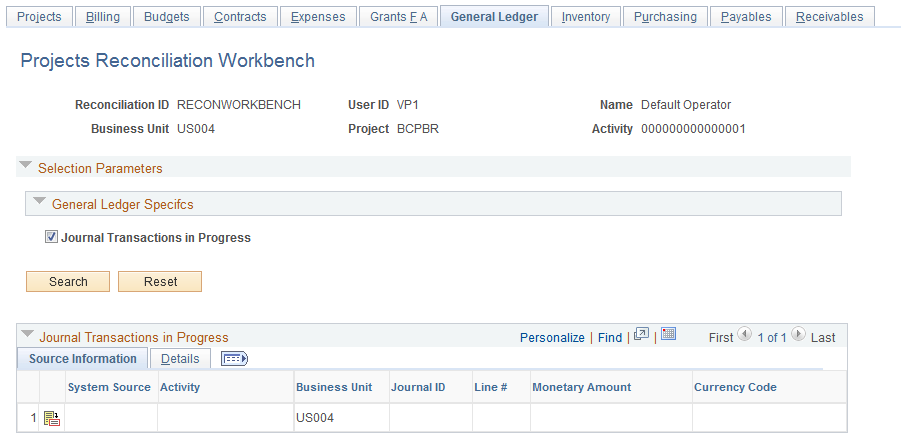 Projects Reconciliation Workbench - General Ledger page