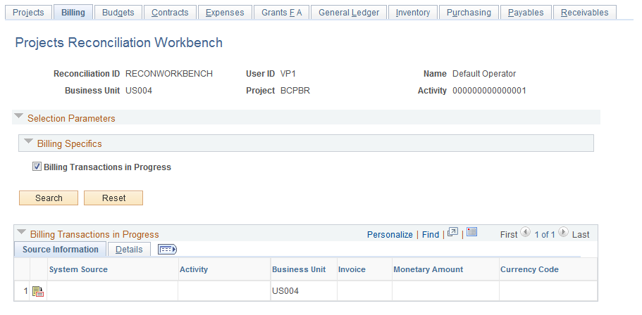 Projects Reconciliation Workbench - Billing page