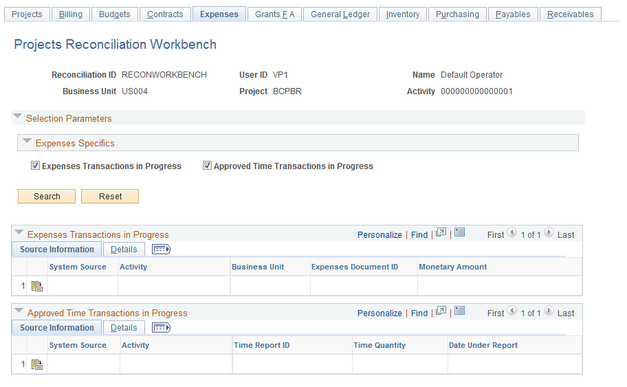 Projects Reconciliation Workbench - Expenses page