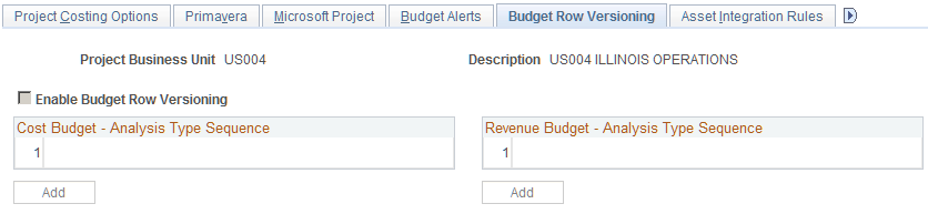 Budget Row Versioning page