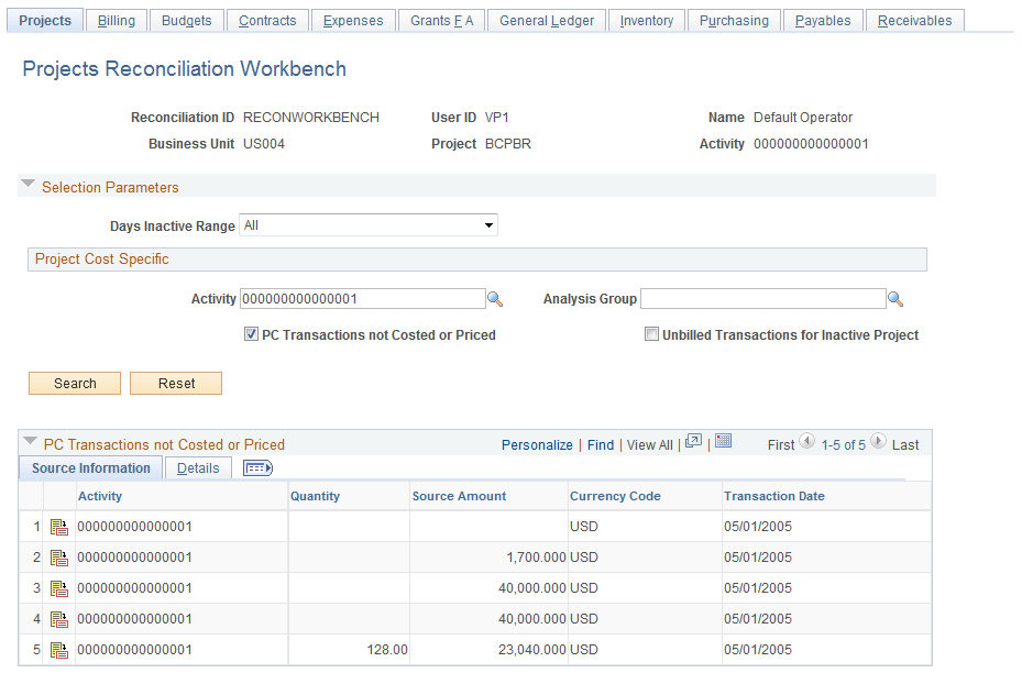 Projects Reconciliation Workbench page (1 of 2)