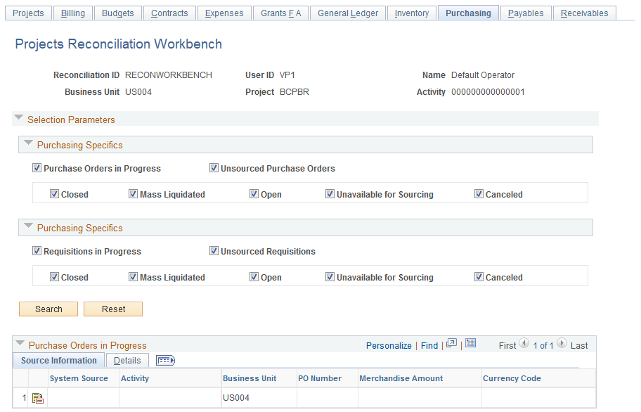 Projects Reconciliation Workbench - Purchasing page (1 of 2)
