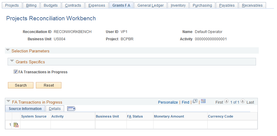 Projects Reconciliation Workbench - Grants F A page