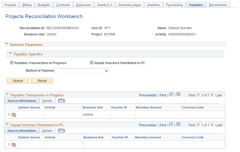 Projects Reconciliation Workbench - Payables page