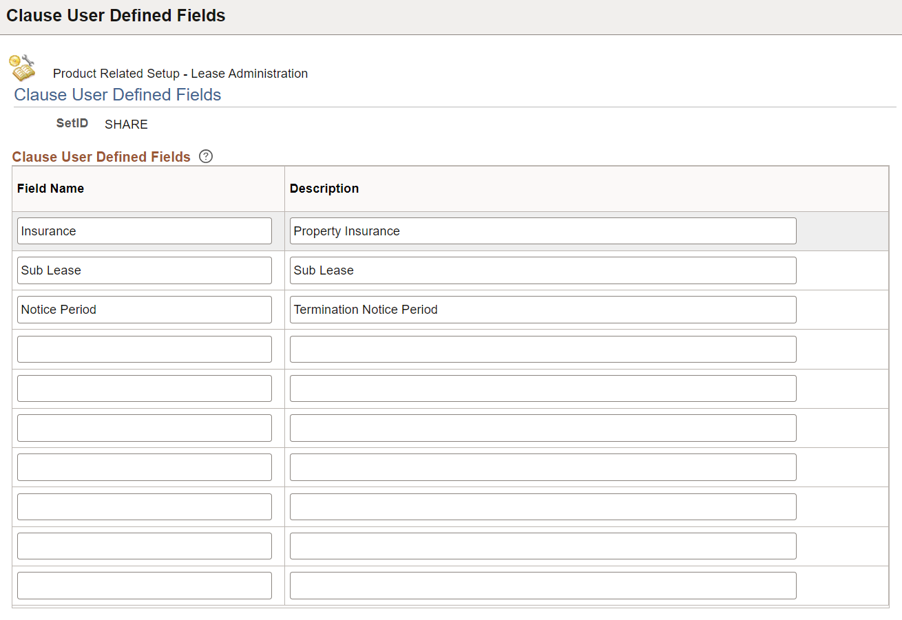 Clause User Defined Fields (Setup) Page