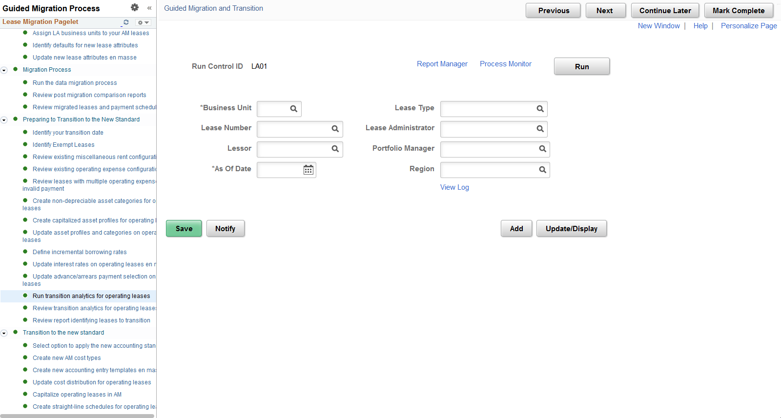 Run Transition Analytics for Operating Leases page