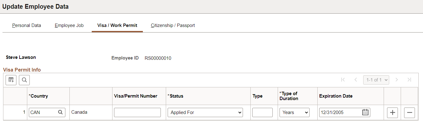 Update Employee Data: Visa/Work Permit