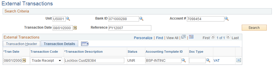External Transactions page - Transaction Details tab